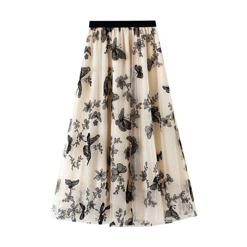 Spring and summer new high-waisted thin A-line lace butterfly fairy mesh mid-length skirt women's skirt 8652