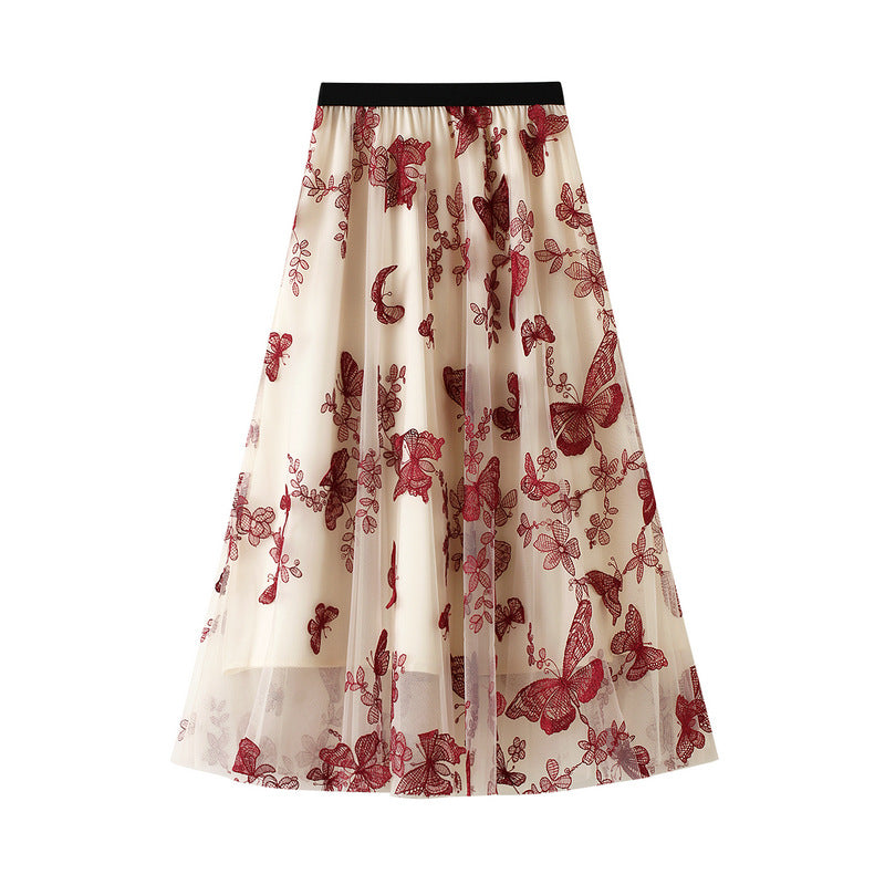 Spring and summer new high-waisted thin A-line lace butterfly fairy mesh mid-length skirt women's skirt 8652