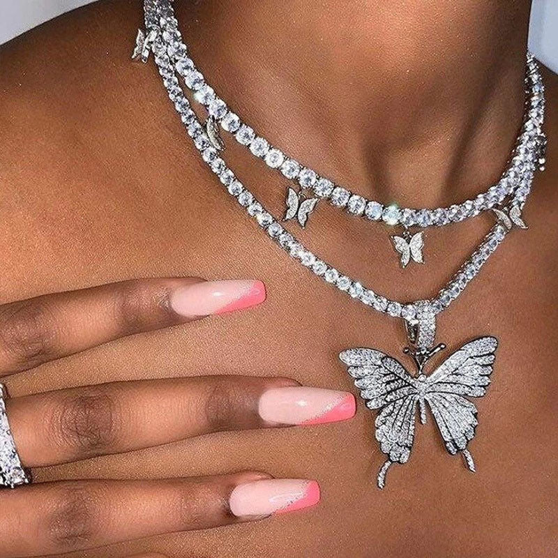Yi Chen European and American butterfly necklace temperament single-layer claw chain diamond jewelry simple and wild inlaid with rhinestone cross-border jewelry