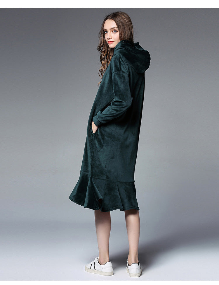 Europe and the United States 2024 large size women's autumn and winter fat mm long hooded sweater women's thick velvet bottoming skirt 6610