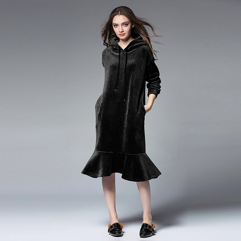 Europe and the United States 2024 large size women's autumn and winter fat mm long hooded sweater women's thick velvet bottoming skirt 6610