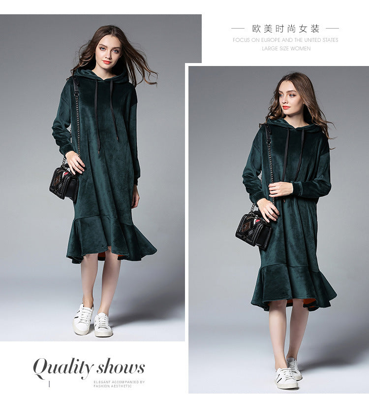 Europe and the United States 2024 large size women's autumn and winter fat mm long hooded sweater women's thick velvet bottoming skirt 6610