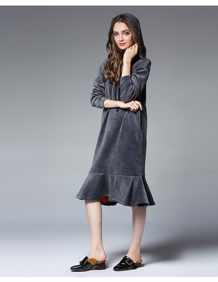 Europe and the United States 2024 large size women's autumn and winter fat mm long hooded sweater women's thick velvet bottoming skirt 6610