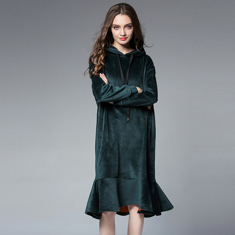 Europe and the United States 2024 large size women's autumn and winter fat mm long hooded sweater women's thick velvet bottoming skirt 6610