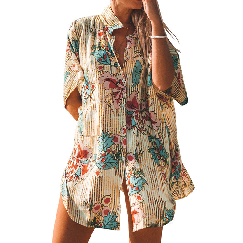 Chiffon printed beach sun protection clothing sealine edge vacation button-down shirt sexy mid-length loose shirt robe