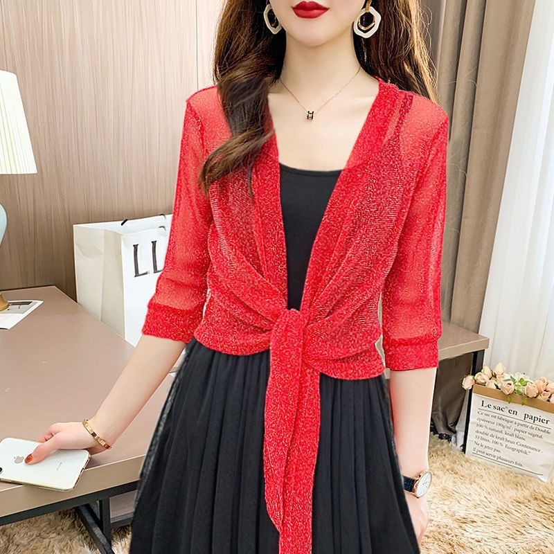 2024 Summer Small Shawl Coat Women's Cardigan Mesh Short Outerwear Large Size Lace Waistcoat Shawl Outerwear