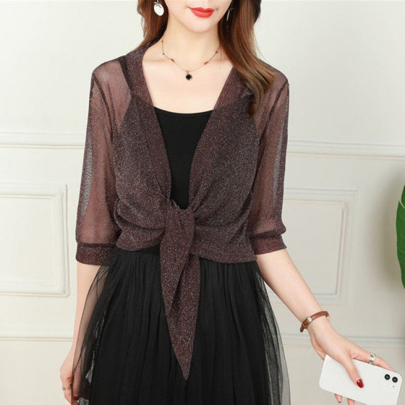 2024 Summer Small Shawl Coat Women's Cardigan Mesh Short Outerwear Large Size Lace Waistcoat Shawl Outerwear