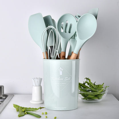 Storage bucket fresh green wooden handle silicone kitchen utensils set of 11 non-stick spatula kitchen set eleven sets