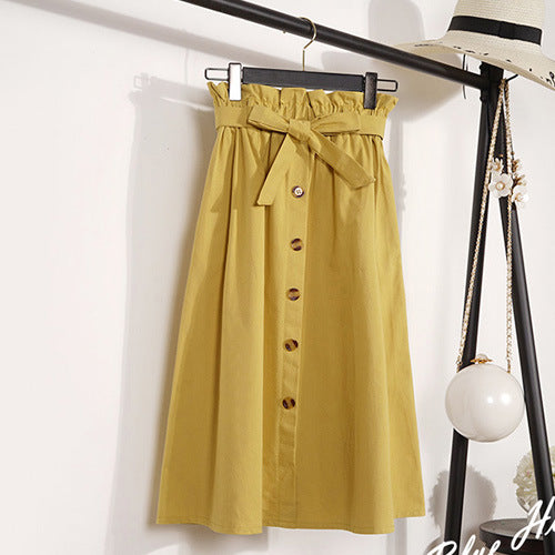 Summer new literary and artistic long skirt women's flower bud high waist single-breasted A-line knee-length skirt