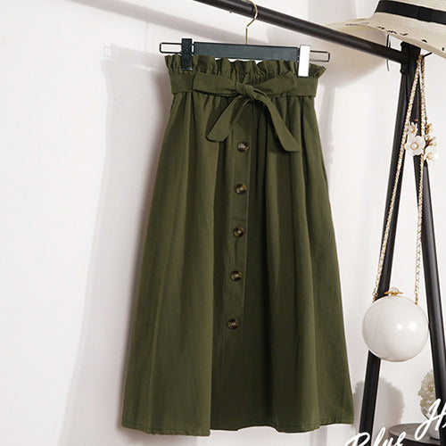 Summer new literary and artistic long skirt women's flower bud high waist single-breasted A-line knee-length skirt