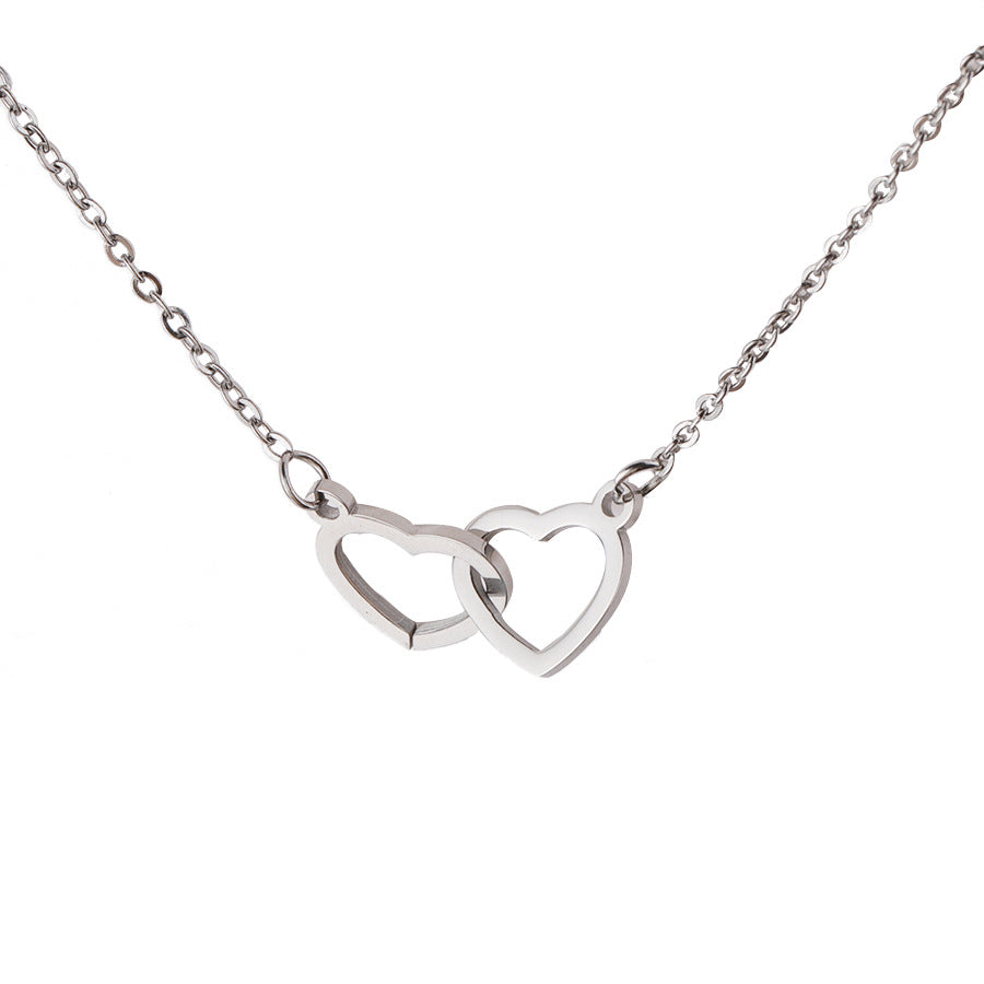 Cross-border hot-selling mirror stainless steel double heart necklace heart-shaped interlocking double ring pendant clavicle chain 48cm