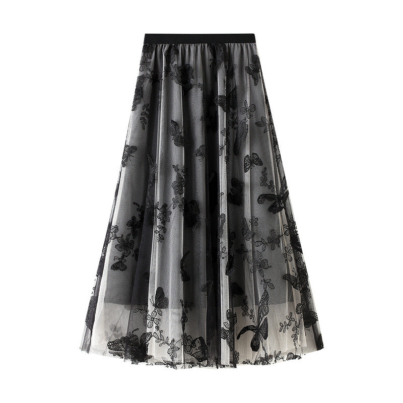 Spring and summer new high-waisted thin A-line lace butterfly fairy mesh mid-length skirt women's skirt 8652