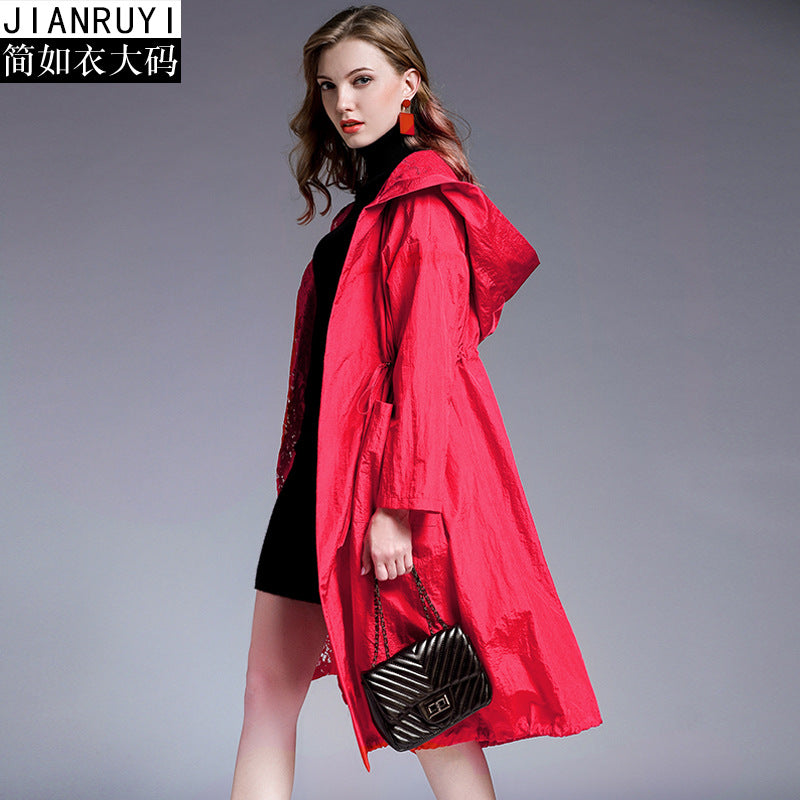 Large size women's fat mm coat female 2024autumn new lace hooded waist red long sleeve windbreaker 7003