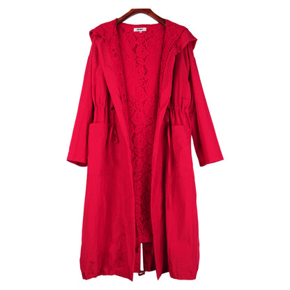 Large size women's fat mm coat female 2024autumn new lace hooded waist red long sleeve windbreaker 7003