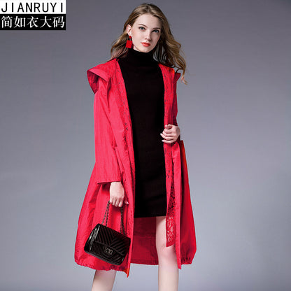 Large size women's fat mm coat female 2024autumn new lace hooded waist red long sleeve windbreaker 7003