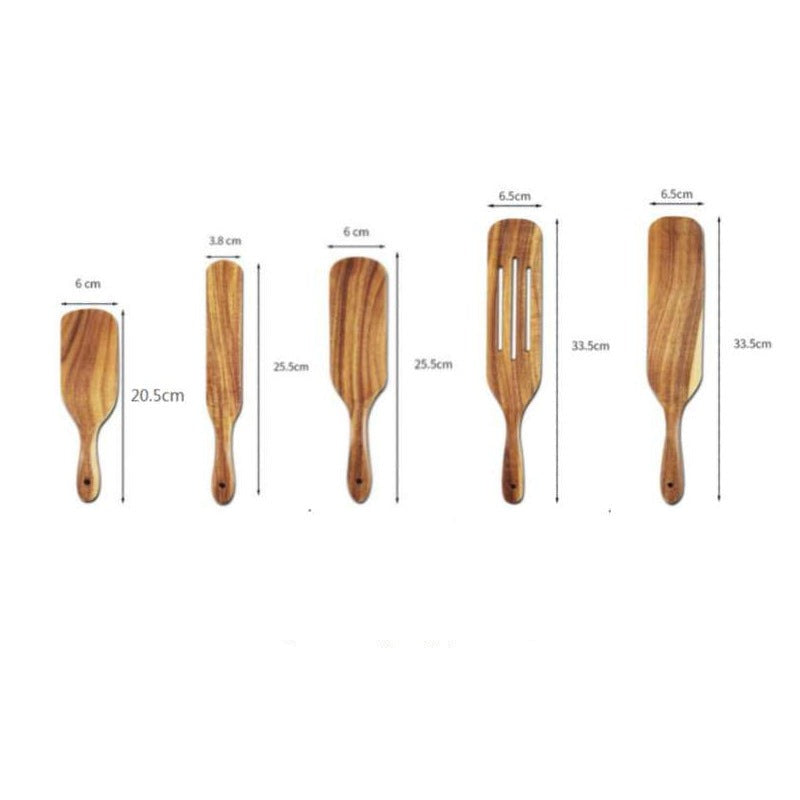 @小木仙Acacia wood long-handled spatula mixing cooking spatula cross-border teak kitchenware set 5-piece wooden spatula