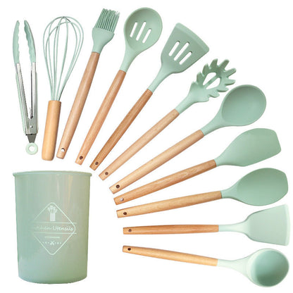 Cross-border 12-piece set of wooden handle silicone cutlery cooking spoon shovel spot cutlery set wholesale factory non-stick pot set