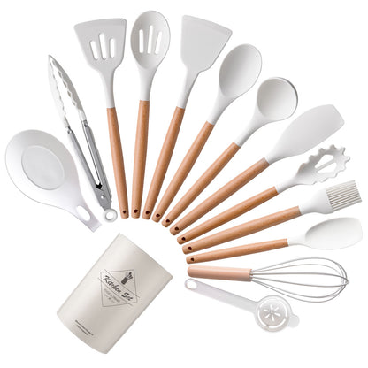 Spot light version of round barreled wooden handle silicone kitchen utensils 14-piece set silicone kitchen utensils spatula non-stick kitchen tools