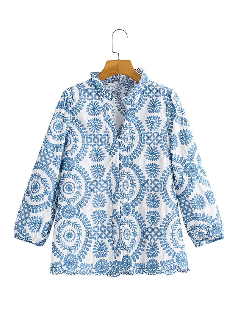 2024European and American style autumn women's new blue embroidery loose long-sleeved shirt 21015