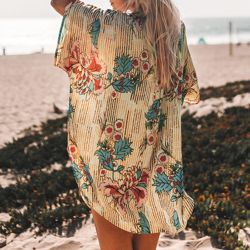 Chiffon printed beach sun protection clothing sealine edge vacation button-down shirt sexy mid-length loose shirt robe