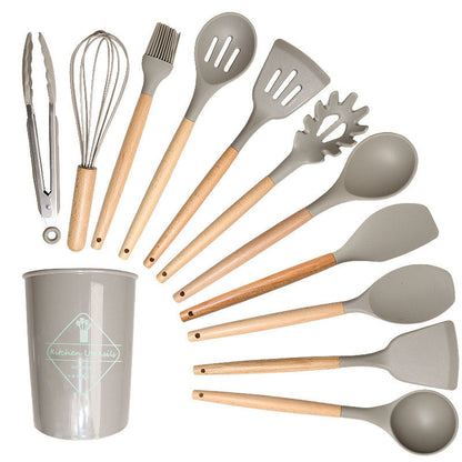 Cross-border 12-piece set of wooden handle silicone cutlery cooking spoon shovel spot cutlery set wholesale factory non-stick pot set