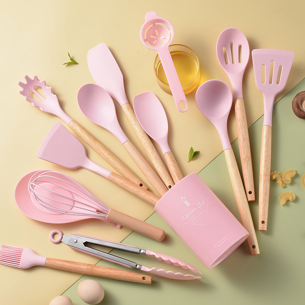 Spot light version of round barreled wooden handle silicone kitchen utensils 14-piece set silicone kitchen utensils spatula non-stick kitchen tools