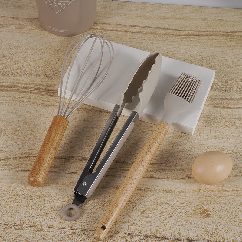 Cross-border 12-piece set of wooden handle silicone cutlery cooking spoon shovel spot cutlery set wholesale factory non-stick pot set