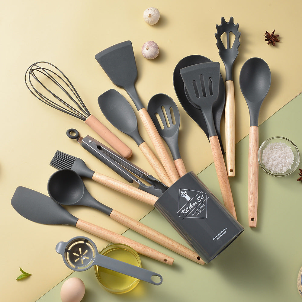 Spot light version of round barreled wooden handle silicone kitchen utensils 14-piece set silicone kitchen utensils spatula non-stick kitchen tools