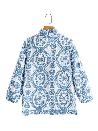 2024European and American style autumn women's new blue embroidery loose long-sleeved shirt 21015