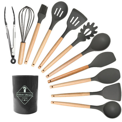 Cross-border 12-piece set of wooden handle silicone cutlery cooking spoon shovel spot cutlery set wholesale factory non-stick pot set