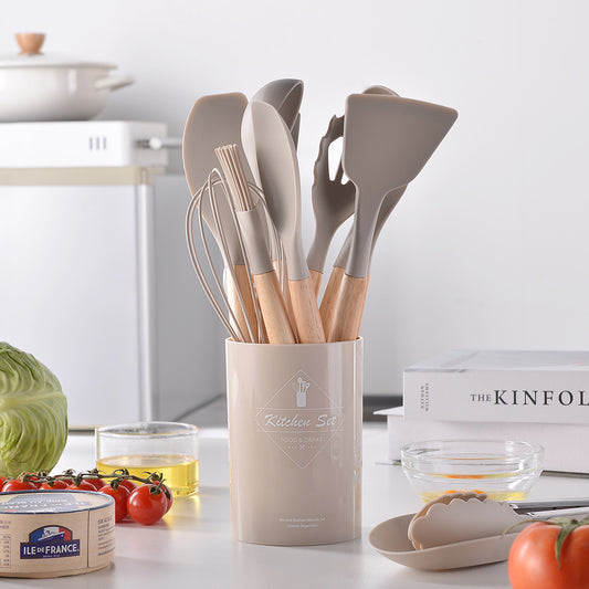 Spot light version of round barreled wooden handle silicone kitchen utensils 14-piece set silicone kitchen utensils spatula non-stick kitchen tools