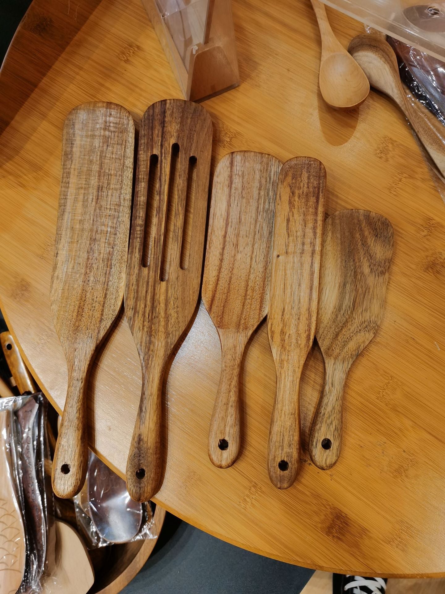 @小木仙Acacia wood long-handled spatula mixing cooking spatula cross-border teak kitchenware set 5-piece wooden spatula