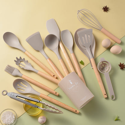 Spot light version of round barreled wooden handle silicone kitchen utensils 14-piece set silicone kitchen utensils spatula non-stick kitchen tools