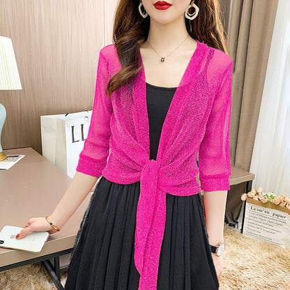 2024 Summer Small Shawl Coat Women's Cardigan Mesh Short Outerwear Large Size Lace Waistcoat Shawl Outerwear