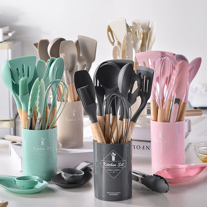 Spot light version of round barreled wooden handle silicone kitchen utensils 14-piece set silicone kitchen utensils spatula non-stick kitchen tools