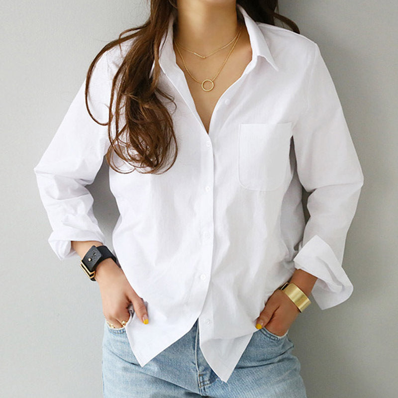 2024 Spring New Solid Color Pure Cotton Bottom Long-sleeved Shirt OL Professional Slim Slim Lapel Shirt Women