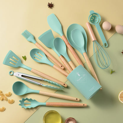 Spot light version of round barreled wooden handle silicone kitchen utensils 14-piece set silicone kitchen utensils spatula non-stick kitchen tools