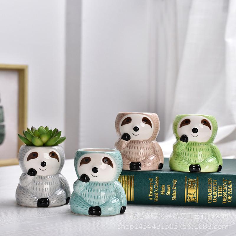 New European-style creative sloth succulent flower pot ceramic pot with indoor breathable desktop creative cute animal flower pot