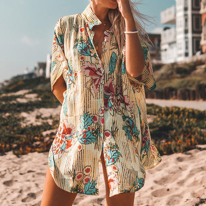 Chiffon printed beach sun protection clothing sealine edge vacation button-down shirt sexy mid-length loose shirt robe