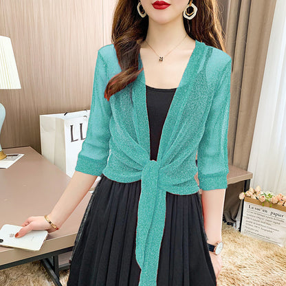 2024 Summer Small Shawl Coat Women's Cardigan Mesh Short Outerwear Large Size Lace Waistcoat Shawl Outerwear