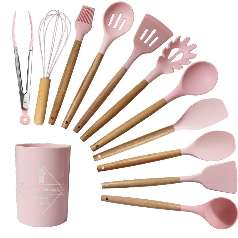 Cross-border 12-piece set of wooden handle silicone cutlery cooking spoon shovel spot cutlery set wholesale factory non-stick pot set