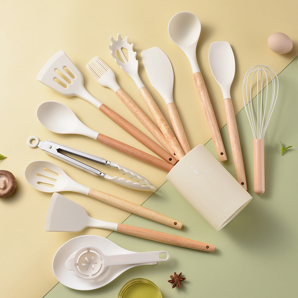 Spot light version of round barreled wooden handle silicone kitchen utensils 14-piece set silicone kitchen utensils spatula non-stick kitchen tools