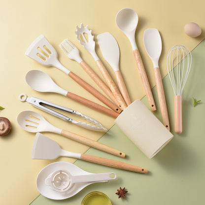 Spot light version of round barreled wooden handle silicone kitchen utensils 14-piece set silicone kitchen utensils spatula non-stick kitchen tools