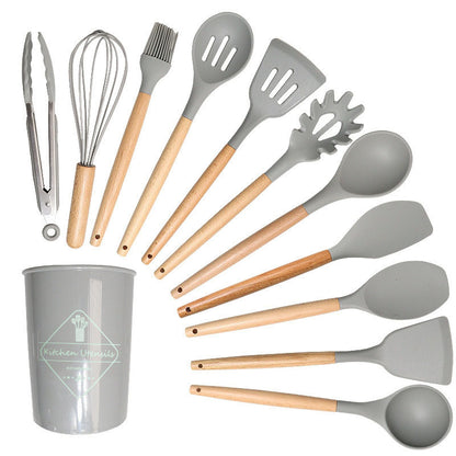 Cross-border 12-piece set of wooden handle silicone cutlery cooking spoon shovel spot cutlery set wholesale factory non-stick pot set