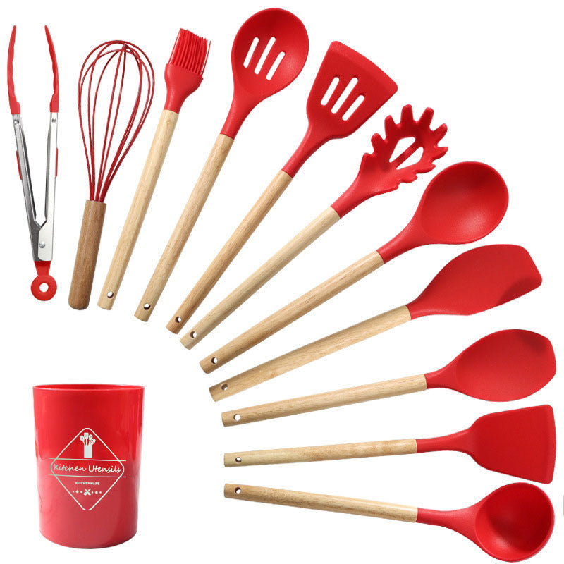 Cross-border 12-piece set of wooden handle silicone cutlery cooking spoon shovel spot cutlery set wholesale factory non-stick pot set