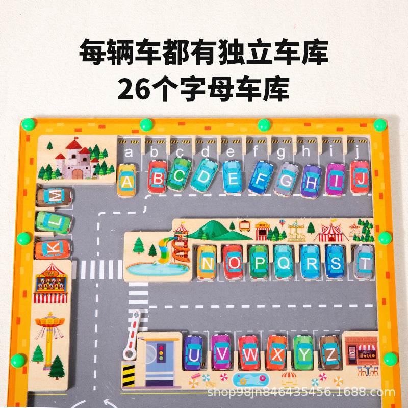 Cross-border wooden letter matching magnetic parking maze children's pen control training moving car game puzzle early education toy