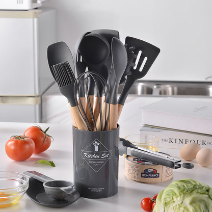 Spot light version of round barreled wooden handle silicone kitchen utensils 14-piece set silicone kitchen utensils spatula non-stick kitchen tools