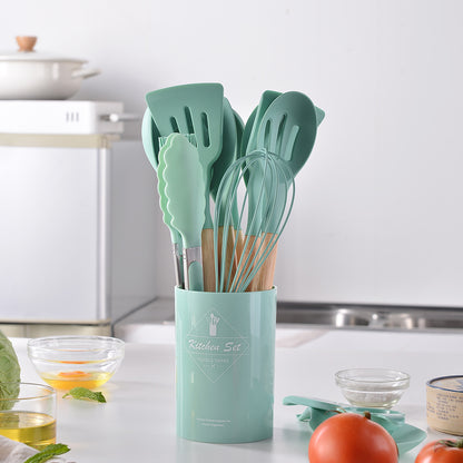 Spot light version of round barreled wooden handle silicone kitchen utensils 14-piece set silicone kitchen utensils spatula non-stick kitchen tools